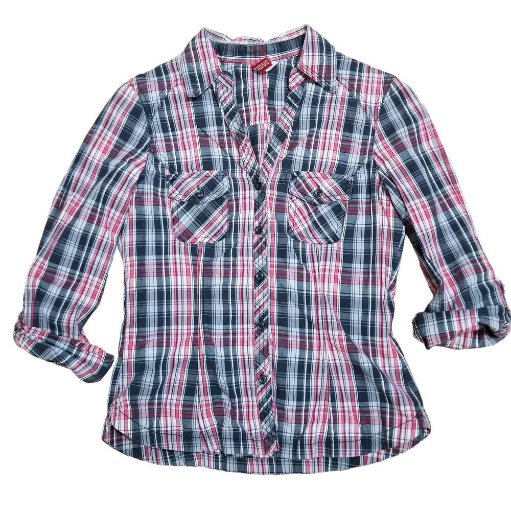 H&M Divided Women's Red & Gray Plaid Button up Shirt V-Neck Roll Tab Slvs Size 8